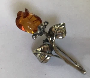 Jugendstil 925 Sterling Silber Honig Baltischer Bernstein Rose Brosche Anstecknadel - Bild 1 von 2