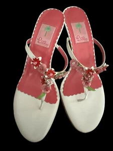 Lilly Pulitzer White Leather Block Heel Thong Sandals Slides With Flowers 9.5 🌸 - Imagen 1 de 10