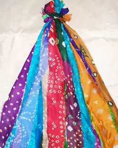 ON 12 yard Unstitched Recycled PURE Silk Sari Ribbon Yarn tassels Bandhani SKEIN - Picture 1 of 3