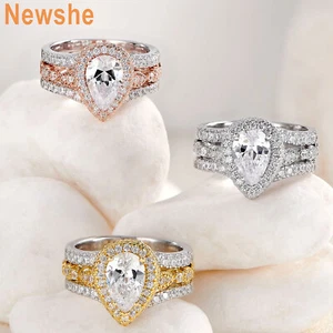 Newshe Sterling Silver Rings for Women Wedding Engagement Ring Sets 5A Pear CZ - Picture 1 of 18