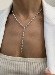 14k White Gold Plated Lariat Tennis Necklace 22Ct Pear Lab Created Diamond 18"in - Picture 1 of 3