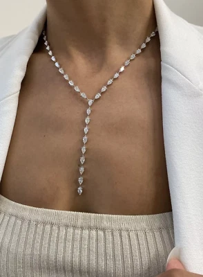 Collar de tenis Lariat enchapado en oro blanco de 14k 22 quilates pera diamante creado en laboratorio 18" pulgadas Foto 1 de 3