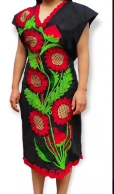 Mexican Boho Embroidered Dress Color Black Red Cotton Extra Large XL Colorful - Image 1 of 4