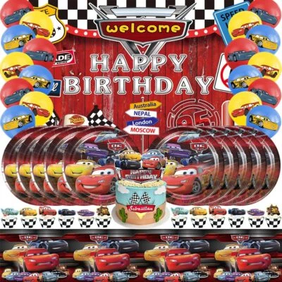 Cars Lightning McQueen Party Supplies Set Plates Balloon Banner Cake Topper - Image 1 of 4