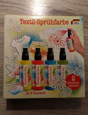 Textil Sprühfarbe Set mit Schablonen, neuwertig ungeöffnet diy - Bild 1 von 4