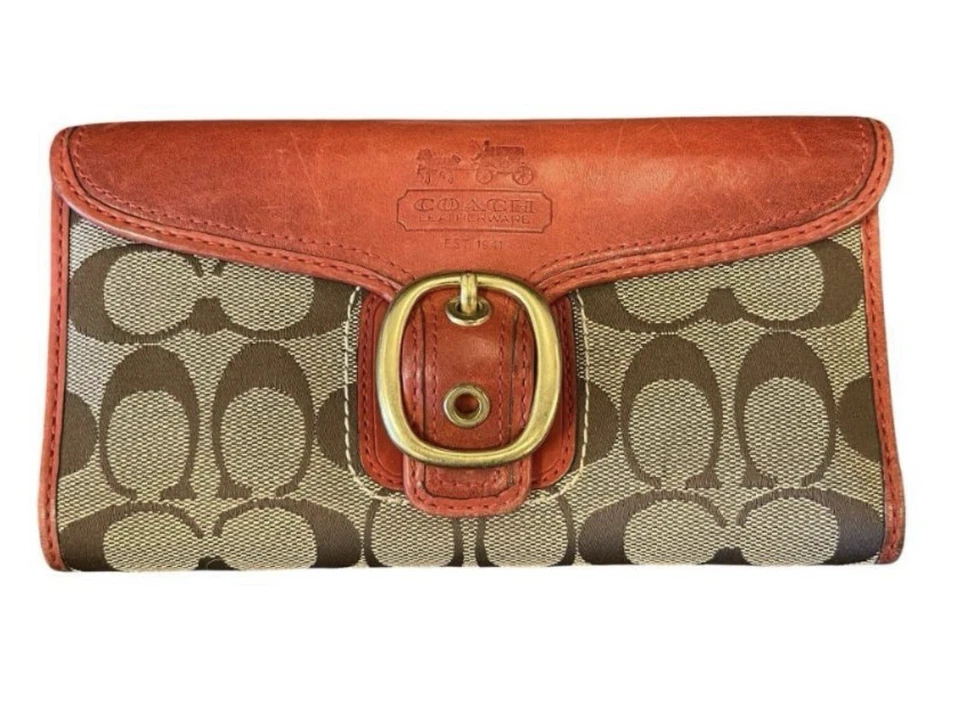 NICE COACH BLEECKER KHAKI C 三折格子皮夹钱包罕见! — 第 1/4 张图片