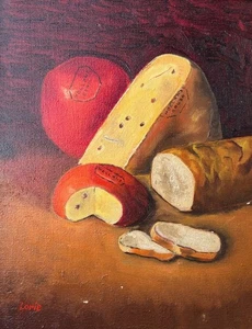 Pintura al óleo original naturaleza muerta queso Gouda Holanda pan artista firmado Lorie - Imagen 1 de 12