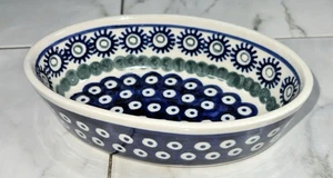 Bolesławiec ovale polnische Keramik blaue Punkte Auflaufförmchen Schale 6 x 4" Handarbeit in Polen - Bild 1 von 3