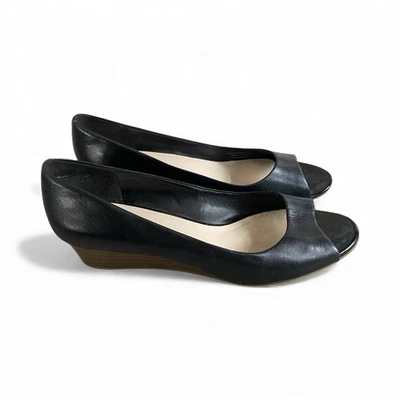 Zapatos de cuña Cole Haan Elsie Peep Toe para mujer 10B cuero negro minimalista oficina Foto 1 de 4