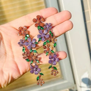Zirkon Blume Multicolor Blatt Hänger Tropfen schwarz vergoldet Damen Ohrringe - Bild 1 von 4