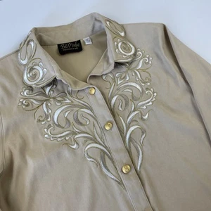 Bob Mackie Wearable Art Button Up Shirt M Embroidered Ribbon Design Beige - Picture 1 of 11
