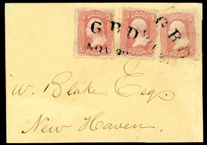 VERY SCARCE 1861 CIVIL WAR ITEM: DOUBLE "GBD" CANCELS ON PIECE OVER THREE 65s - Picture 1 of 2