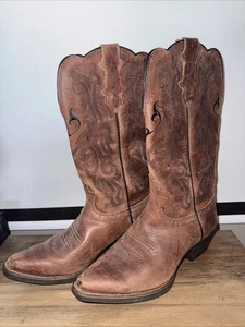 Womens Justin Brown Leather Cowboy boots Size 6.5B L2559 Black Top Stitching EUC - Picture 1 of 20