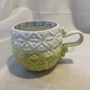 Anthropologie Hand Painted Textured Green/White Floral Marshmallow Coffee Mug - Picture 1 of 6