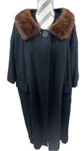 VTG Black Wool A-Line Swing Coat Scalloped Mink Collar Raglan Sleeves Jackie O - Picture 1 of 19