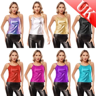 AU Women's Shiny Crop Top Camisole Sleeveless Spaghetti Straps Tank Tops Vest - Image 1 of 4