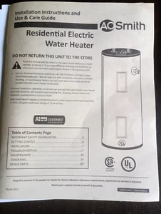 Residential  Electric Water Heaters Instruction Manual AO Smith - Picture 1 of 1