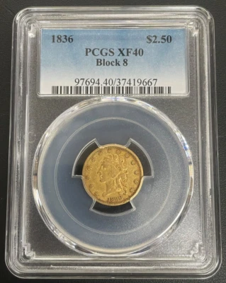 1836 $2,50 Oro Clásico Cabeza Cuarto Águila Bloque 8 PCGS XF-40, Bonito Oro Temprano Foto 1 de 4