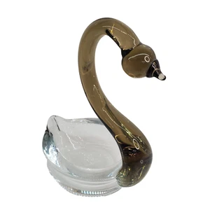 Glass Swan Ring Dish Vintage Taupe Neck Clear Body 5" x 4" Handmade Blown Glass - Picture 1 of 24