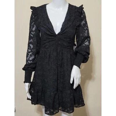 Aqua Dress Womens Small Black Sheer Ruffles Floral Print Whimsy Fairy Goth NWT - Image 1 of 4