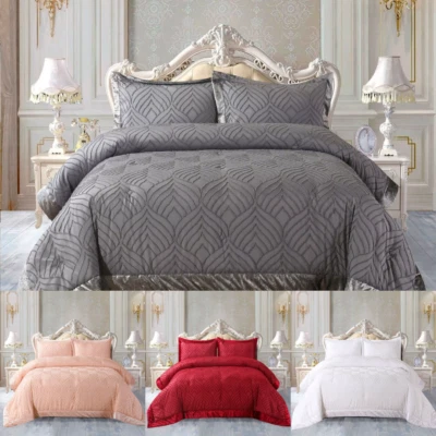 Luxury 3 Piece Quilted Velvet Bedspread Embossed Bedding Set Single Double King - Image 1 of 4