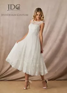 Kurz Perlen Brautkleid Hochzeitskleid Floral Blumenspitze Träger Übergröße Weiß - Bild 1 von 12
