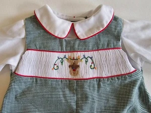 Petit Ami SMOCKED REINDEER ROMPER Boys XMAS GREEN SZ 3 MO Holiday TRADITIONAL - Picture 1 of 7