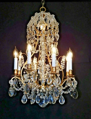 ANTIQUE Shimmering French 8 Arm 12 Light Brass Beaded Domed Crystal Chandelier - Image 1 of 4