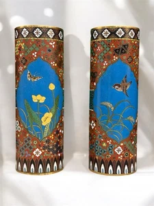 Pair of Japanese Cloisonné Enamel Vases Geometric Pattern In the Manner of Gotō - Picture 1 of 10
