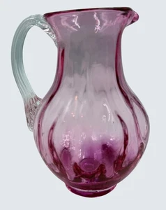 Hand Blown Cranberry Art Glass Pitcher Bubble Mold Blown with Applied Handle - Picture 1 of 16