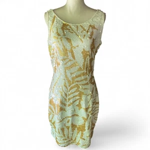Carmen Marc Valvo White Gold Sequined Bodycon Mini Dress VTG L glam sleeveless - Picture 1 of 15