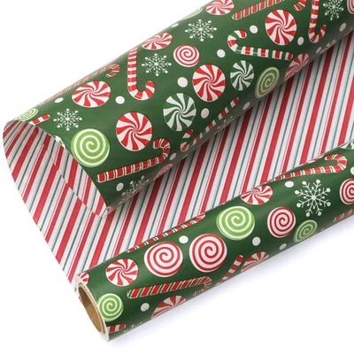 Christmas Wrapping Paper Mini Roll Reversible Christmas Candy Cane and Red Gr... - Image 1 of 4