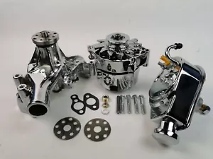 SBC SB Chevy Chrome Long Water Pump & 130W Alternator & Power Steering Pump Kit - Foto 1 di 11
