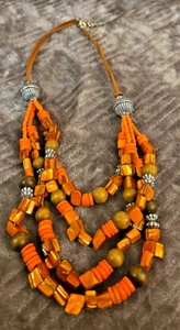Layered Brown Rope Round Wooden Orange Chip Beaded 4 Strand Necklace - Picture 1 of 4