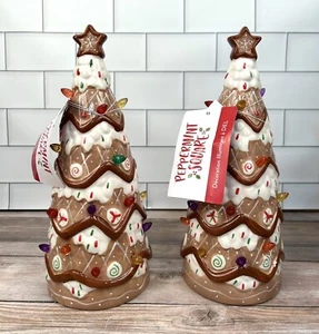 Peppermint Square LED Ceramic Gingerbread Christmas Tree 10" Set Of 2 - Picture 1 of 3