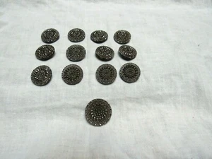 Vintage La Mode Buttons Set 12 + 1 Fancy Black Glass Faceted Silver Painted Pret - Picture 1 of 7