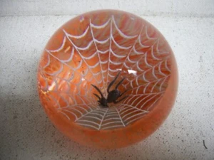 Signed Wilkerson Black Spider in Web ORANGE Studio Art Glass Paperweight - Picture 1 of 5