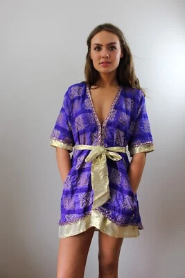 vintage purple & gold silk robe with delicate yarn trim and side pockets - Image 1 of 4