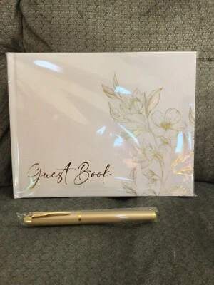 New Elegant Wedding Guest Book, White, Gold Flowers W/Matching Pen & Vow Book - Image 1 of 4