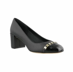 FERRAGAMO AVELLA BLACK LEATHER GOLD GANCINI CHAIN PATENT CAP TOE PUMPS 9.5 B - Picture 1 of 12
