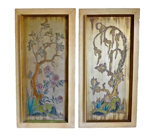 Coppia di dipinti moderni metà secolo albero dorato disegni a rilievo firmati olfo vintage - Foto 1 di 11