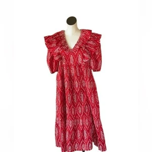 NEU Zara Voluminös Rot Cutwork Bestickt Midi Rüschen Rüschen Kleid Medium - Bild 1 von 13