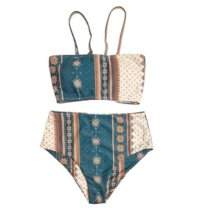 SHEIN Bikini Swimsuit Womens Small Geometric Lace Up Top High Waisted Swimwear - Picture 1 of 15
