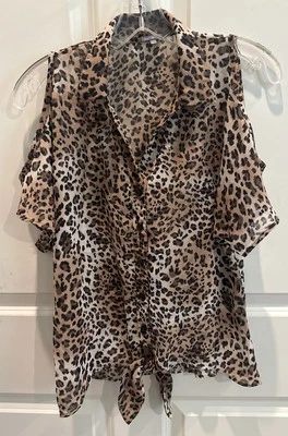 Charlotte Russe Leopard Animal Print Cold Shoulder Button Down Medium Top - Image 1 of 4