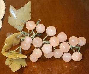 Beautiful Bunch of Solid Rose Quartz Stone Grapes – Jade Leaves –Wooden Stem VGC - Picture 1 of 7