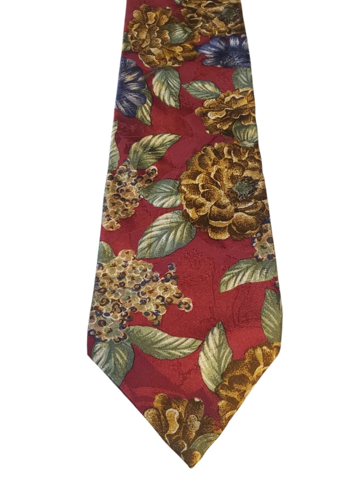 Gravata Halston III masculina designer de luxo vermelha azul bronzeada floral ilha havaiana - Imagem 1 de 4