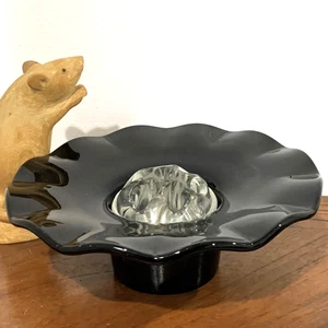 Vintage Opaque Black Glass FLOWER BOWL  18cm Ruffle Rim w/  7-Hole Flower Frog - Picture 1 of 16