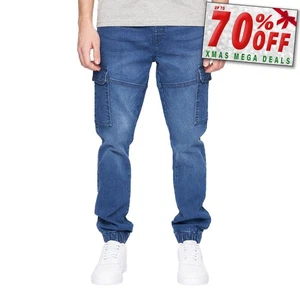 Crosshatch Malimore Herren Freizeit Designer Mode Viele Taschen Cargo Jeans Navy - Picture 1 of 5
