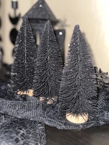 Set of 3 Mini Black Bottle Brush Trees Gothic Halloween / Spooky Christmas Décor - Picture 1 of 5