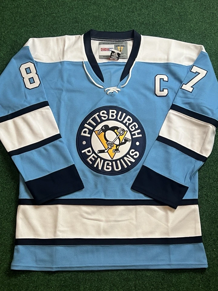 Camiseta deportiva XL Sidney Crosby Pittsburgh Penguins azul y blanca 1968-'71 CCM NHL Foto 1 de 2